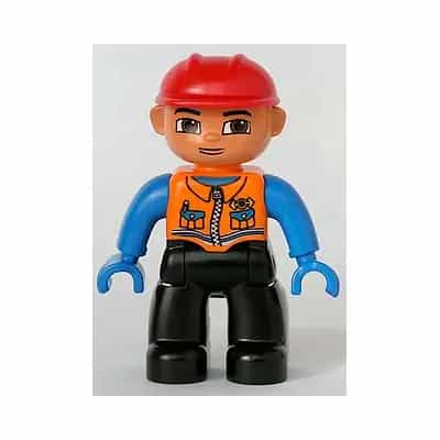Duplo Figure Lego Ville, Male, Black Legs, Orange Vest with Two Pockets and Pen, Blue Hands, Red Construction Helmet (Train Engineer)