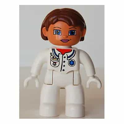 Duplo Figure Lego Ville, Female Medic, White Legs, White Top with Pocket and EMT Star of Life Pattern, Reddish Brown Hair, Blue Eyes, White Hands