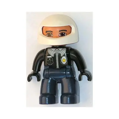 Duplo Figure Lego Ville, Male Police, Dark Blue Legs, Black Top with Badge, Black Arms and Hands, White Helmet