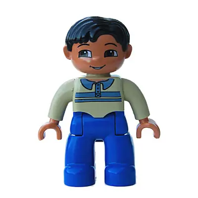 Duplo Figure Lego Ville, Male, Blue Legs, Tan Pullover with Buttons and Stripes, Black Hair, Brown Eyes, Nougat Hands
