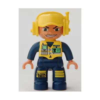 Duplo Figure Lego Ville, Male, Dark Blue Legs & Jumpsuit with Yellow Vest, Radio, ID Badge, Yellow Cap with Headset, Wide Smile