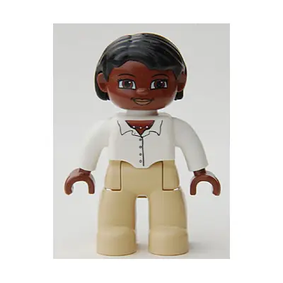Duplo Figure Lego Ville, Female, Tan Legs, White Top with Buttons and Necklace, Black Hair, Brown Head