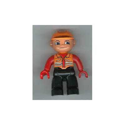 Duplo Figure Lego Ville, Male, Black Legs, Orange Vest, Orange Construction Helmet, Red Hands
