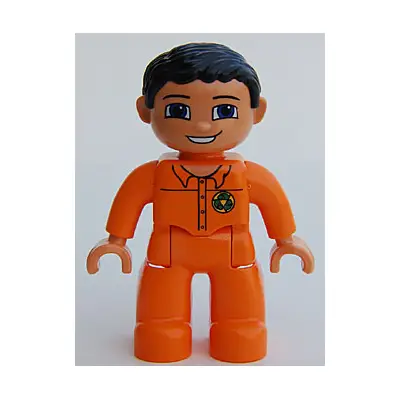 Duplo Figure Lego Ville, Male, Orange Legs, Nougat Hands, Orange Top with Recycle Logo, Black Hair, Blue Eyes