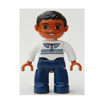 Duplo Figure Lego Ville, Male, Dark Blue Legs, White Top with Buttons and Stripes, Black Hair, Brown Eyes