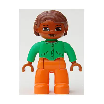 Duplo Figure Lego Ville, Female, Orange Legs, Bright Green Top with Buttons and Pockets, Reddish Brown Hair, Brown Eyes