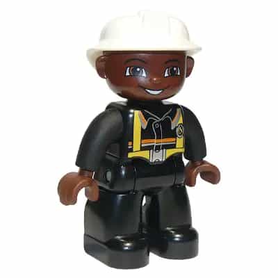 Duplo Figure Lego Ville, Male Fireman, Black Legs, Brown Hands, White Helmet, Brown Face
