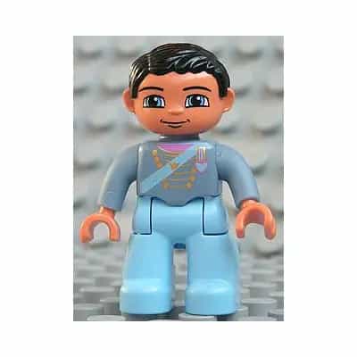 Duplo Figure Lego Ville, Male, Light Blue Legs, Sand Blue Top with Strap, Gold Crown and Medium Blue Heart, Black Hair