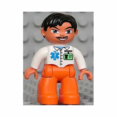 Duplo Figure Lego Ville, Male Medic, Orange Legs, White Top with ID Badge and EMT Star of Life Pattern, Black Hair, Blue Eyes, Moustache