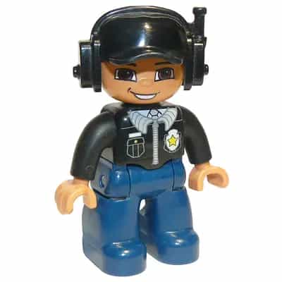 Duplo Figure Lego Ville, Male Police, Black Cap with Headset, Light Nougat Head and Hands, Black Shirt with Badge, Dark Blue Legs