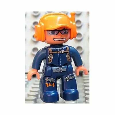 Duplo Figure Lego Ville, Male, Dark Blue Legs & Jumpsuit with Straps, Orange Cap with Headset