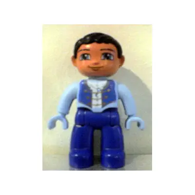 Duplo Figure Lego Ville, Male, Dark Royal Blue Legs, Bright Light Blue Top with Straps and Key Necklace, Bright Light Blue Hands, Black Hair