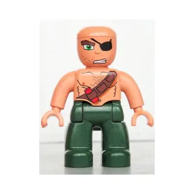 Duplo Figure Lego Ville, Male Pirate, Dark Green Legs, Nougat Top with Strap and Dynamite, Bald Head, Eye Patch
