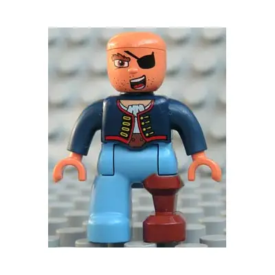 Duplo Figure Lego Ville, Male Pirate, Medium Blue Legs, Dark Blue Top with Buttons, Bald Head, Eye Patch, Peg Leg