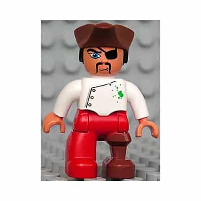 Duplo Figure Lego Ville, Male Pirate, Red Legs, White Top with Buttons and Green Spots, Reddish Brown Pirate Hat, Eye Patch, Peg Leg
