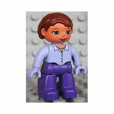 Duplo Figure Lego Ville, Female, Dark Purple Legs, Light Lilac Button Top with Necklace, Light Lilac Hands, Reddish Brown Hair, Green Eyes