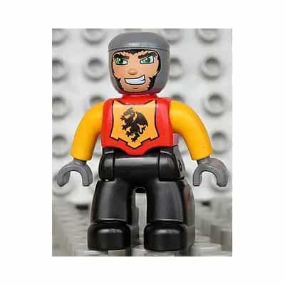 Duplo Figure Lego Ville, Male Castle, Black Legs, Red Chest, Bright Light Orange Arms, Dark Bluish Gray Hands, Wide Grin