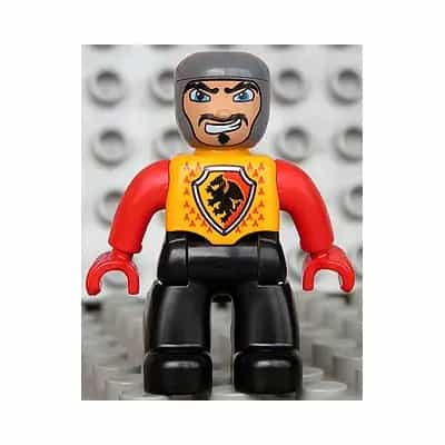 Duplo Figure Lego Ville, Male Castle, Black Legs, Bright Light Orange Chest, Red Arms, Red Hands, Wide Crooked Grin