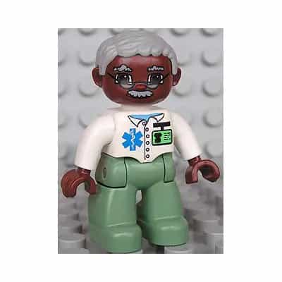 Duplo Figure Lego Ville, Male Medic, Sand Green Legs, White Top with Badge, Light Bluish Gray Hair, Brown Head, Glasses, Moustache