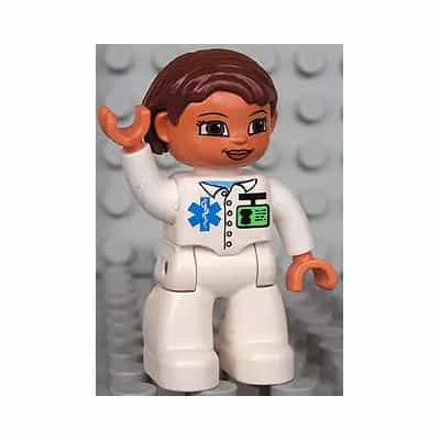 Duplo Figure Lego Ville, Female Medic, White Legs, White Top with ID Badge and EMT Star of Life Pattern, Reddish Brown Hair, Brown Eyes