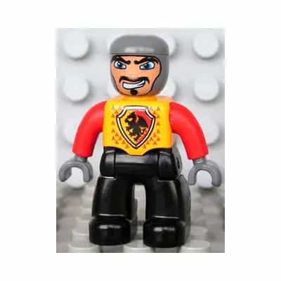Duplo Figure Lego Ville, Male Castle, Black Legs, Bright Light Orange Chest, Red Arms, Dark Bluish Gray Hands, Wide Crooked Grin (4265815)