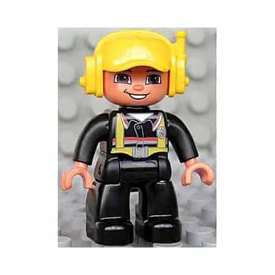 Duplo Figure Lego Ville, Male Fireman, Black Legs, Nougat Hands, Yellow Cap with Headset