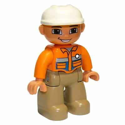 Duplo Figure Lego Ville, Male, Dark Tan Legs, Orange Shirt, Brown Eyes, White Construction Helmet, White Button