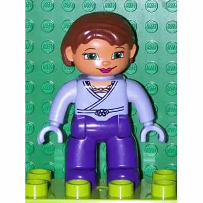 Duplo Figure Lego Ville, Female, Dark Purple Legs, Light Lilac Wrap Top with Necklace, Light Lilac Hands, Reddish Brown Hair, Green Eyes