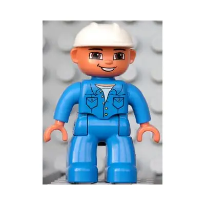 Duplo Figure Lego Ville, Male, Blue Legs, Blue Top with Pockets, White Construction Helmet, Brown Eyes and Open Mouth Smile