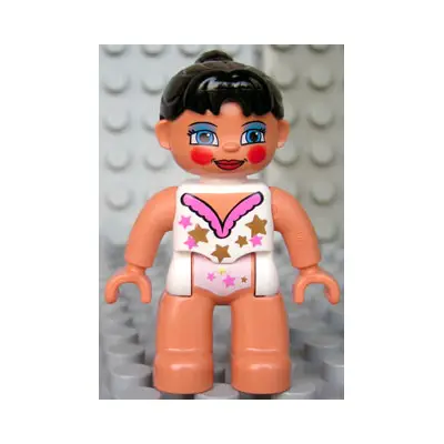 Duplo Figure Lego Ville, Female Tightrope Walker, Light Nougat Legs, White Top with Stars, Black Ponytail Hair, Blue Eyes
