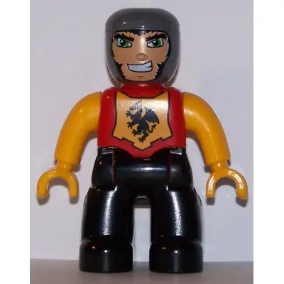 Duplo Figure Lego Ville, Male Castle, Black Legs, Red Chest with Dragon Emblem, Bright Light Orange Arms and Hands, Lefty Smile