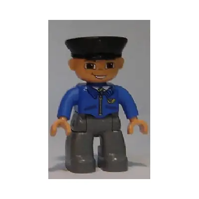 Duplo Figure Lego Ville, Male Post Office, Dark Bluish Gray Legs, Blue Jacket with Mail Horn, Black Police Hat, Smile with Teeth (4648961)