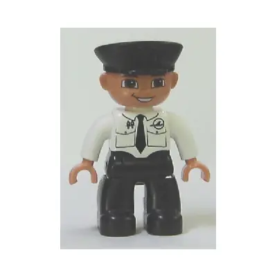 Duplo Figure Lego Ville, Male Pilot, Black Legs, White Top with Airplane Logo and Black Tie, Police Hat