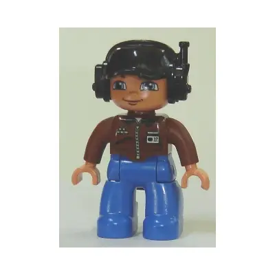 Duplo Figure Lego Ville, Male, Blue Legs, Brown Top with ID Badge, Black Cap with Headset
