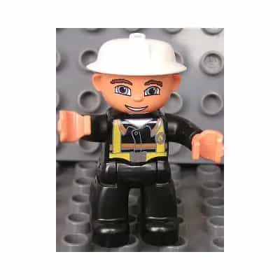 Duplo Figure Lego Ville, Male Fireman, Black Legs, Nougat Hands, White Helmet, Blue Eyes