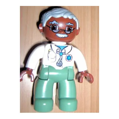 Duplo Figure Lego Ville, Male Medic, Sand Green Legs, White Top with Stethoscope, Light Bluish Gray Hair, Brown Head, Glasses, Moustache
