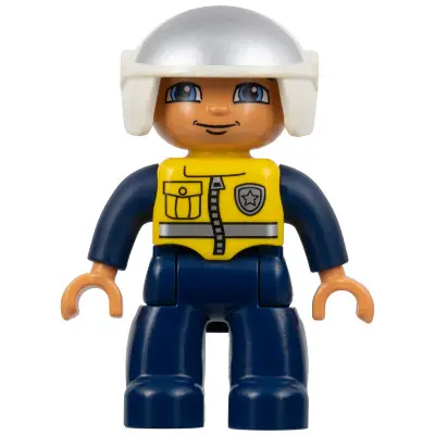 Duplo Figure Lego Ville, Male Police, Dark Blue Legs and Jumpsuit with Yellow Vest, White Helmet