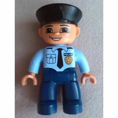 Duplo Figure Lego Ville, Male Police, Dark Blue Legs, Light Blue Top with Badge and Tie, Nougat Hands, Black Hat