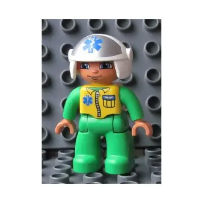 Duplo Figure Lego Ville, Male Medic, Bright Green Legs & Jumpsuit with Yellow Vest, White Helmet with EMT Star of Life Pattern