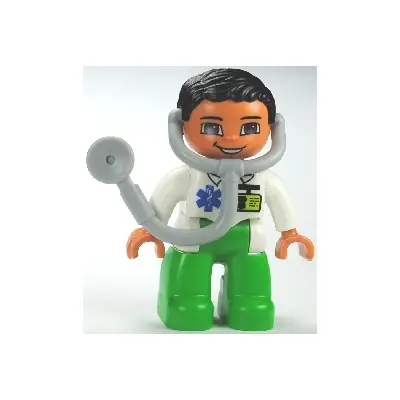 Duplo Figure Lego Ville, Male Medic, Bright Green Legs, White Top with ID Badge and EMT Star of Life Pattern, Attached Stethoscope