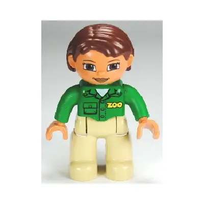Duplo Figure Lego Ville, Female, Tan Legs, Green Top with 'ZOO' on Front and Back, Reddish Brown Hair, Brown Eyes (Zoo Worker)