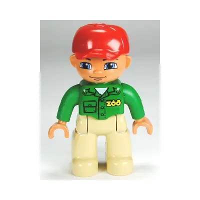 Duplo Figure Lego Ville, Male, Tan Legs, Green Top with 'ZOO' on Front and Back, Red Cap, Blue Eyes (Zoo Worker)