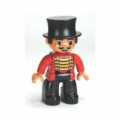 Duplo Figure Lego Ville, Male Circus Ringmaster, Black Legs, Red Top with Gold Braid, Top Hat, Brown Eyes (6023824)