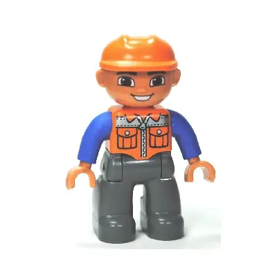 Duplo Figure Lego Ville, Male, Dark Bluish Gray Legs, Orange Vest with Zipper and Pockets, Orange Construction Helmet