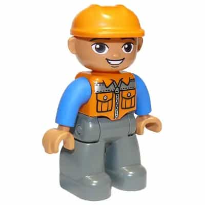 Duplo Figure Lego Ville, Male, Dark Bluish Gray Legs, Orange Vest with Zipper and Pockets, Orange Construction Helmet, Oval Eyes (6273398)