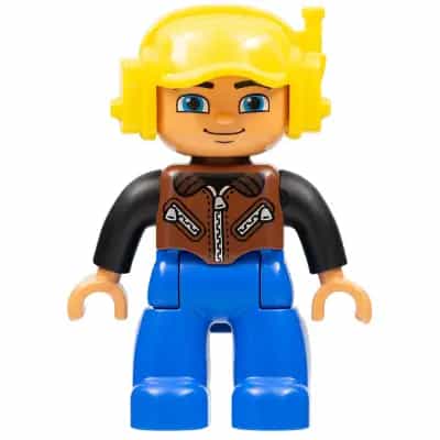 Duplo Figure Lego Ville, Male, Blue Legs, Brown Vest with Zipper and Zippered Pockets, Yellow Cap with Headset