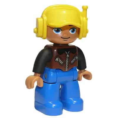 Duplo Figure Lego Ville, Male, Blue Legs, Brown Vest with Zipper and Zippered Pockets, Yellow Cap with Headset, Oval Eyes