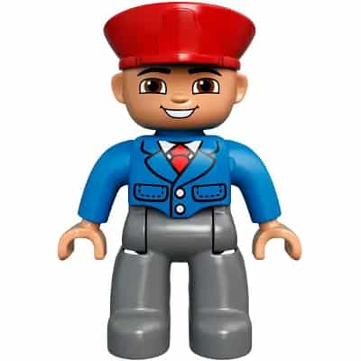Duplo Figure Lego Ville, Male, Dark Bluish Gray Legs, Blue Jacket with Tie, Red Hat, Smile with Teeth (Train Conductor)
