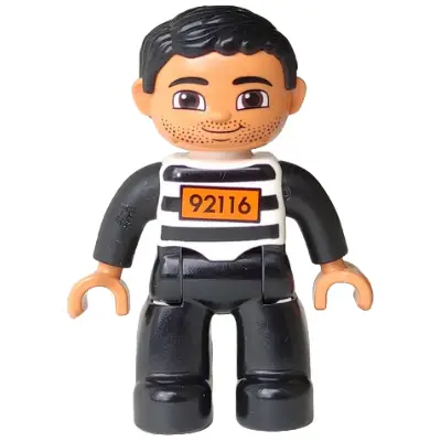 Duplo Figure Lego Ville, Male, Black Legs, Black and White Striped Top with Number 92116, Black Hair (Prisoner)