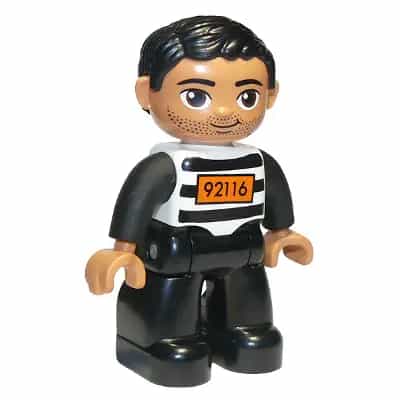 Duplo Figure Lego Ville, Male, Black Legs, Black and White Striped Top with Number 92116, Black Hair (Prisoner), Oval Eyes